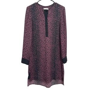 Vince Silk Animal Print Long Sleeve Button Front Shirt Dress Black Purple  XS
